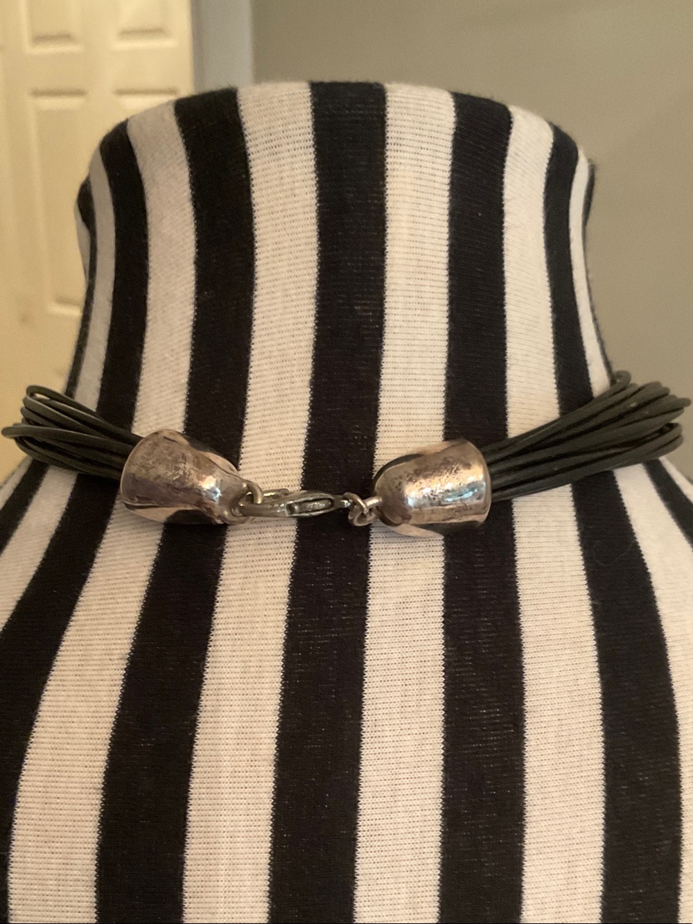 Bold Sterling Silver Pendant Choker Necklace on Black Cord - Picture 2 of 7